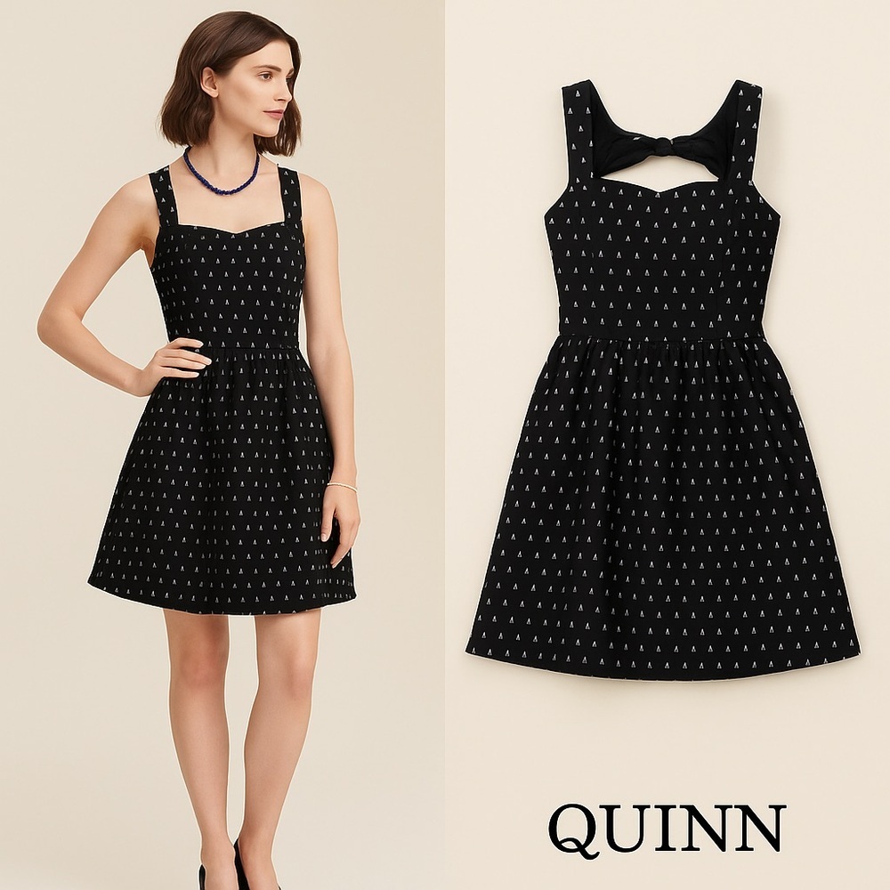 Quinn,Black Textured Fit & Flare Dress,Bow-Back Cutout /Teardrop Jacquard Size S